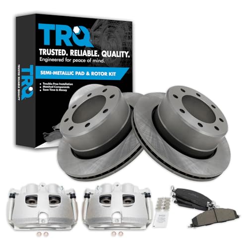 Image of TRQ Rear Brake Pad, Caliper, & Rotor Kit Semi-Metallic Vented Compatible with 2009-2010 Dodge Ram 2500, 3500 2012 Ram 1500 2011-2018 2500 3500