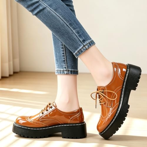 Image of Womens Oxford Shoes Black Leather Platform Oxford Shoes for Women Brogue