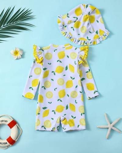 Image of Toddler Girl Swimsuit Baby Girl Bathing Suit Long Sleeve Floral Zipper One-Piece Rash Guard Swimsuit with Hat