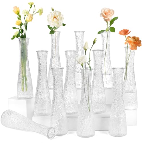 Glass Bud Vases Bulk 12 Pcs - Clear Ribbed Wedding