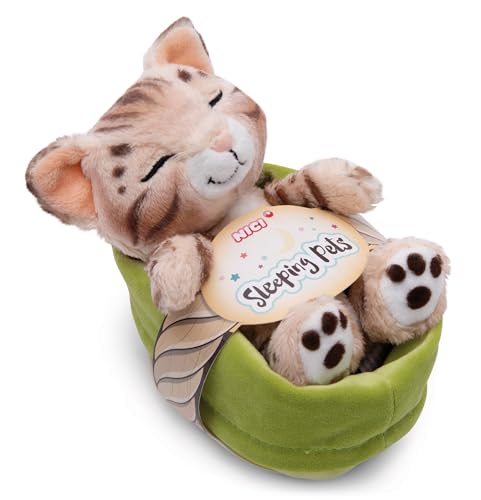 NICI peluche gato Bengala 12cm, durmiendo en la cesta - Peluche para abrazar y amar - Producido sosteniblemente a partir de materiales reciclados - 49747
