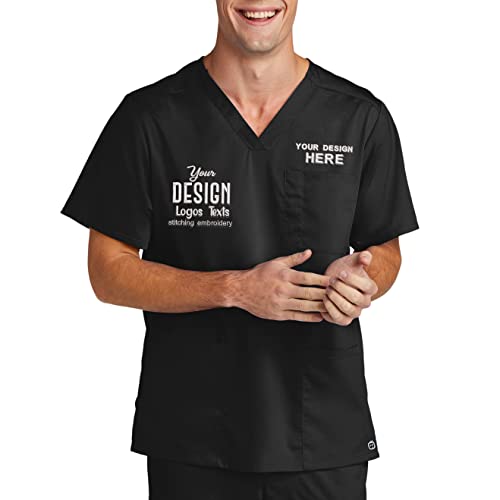 INK STITCH Unisex WW5068 Men Embroidered Logo Texts Premiere Flex V Neck Pocket Scrub Shirts - Black (L)