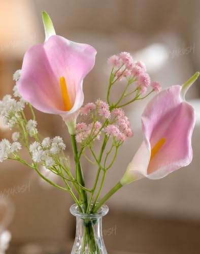 Image of Divyakosh Artificial Pink Calla Lily Flower Arrangement with Glass VASE | (2 Calla Lily + VASE) Faux Floral Bouquet with Baby Breath | Decorative Table Centerpiece for Living Room, Bedroom, Office