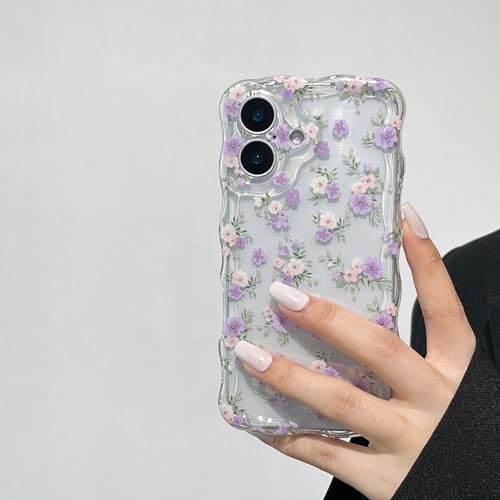 RALEAVO for iPhone 17 Case Cute Floral Pattern Design,Clear Curly Wave Frame Cover for Women,Soft Shockproof Anti-Slip Protective Case for iPhone 17,Purple Flowers