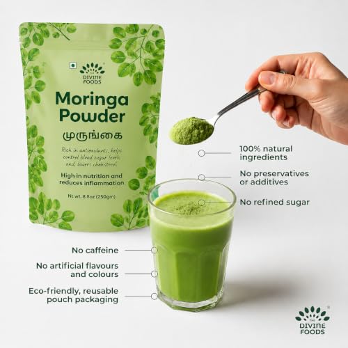 Image of The Divine Foods Moringa Powder | High in Nutrition | Rich in Anti-Oxidants | Controls Blood Sugar levels | Ready-to-Mix | Added Native Indian Herbs | (250 Gm)