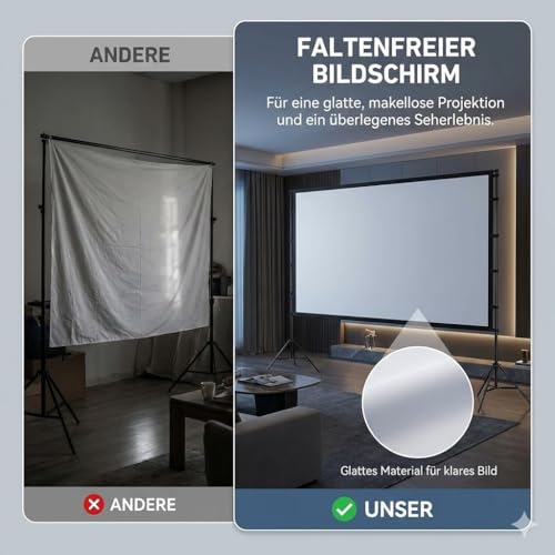 Leinwand Beamer mit Ständer 120 Zoll, Doppelstützen für mehr Stabilität, Schnell & Einfach Aufgebaut, Tragbar, Knitterarm, Beamer Leinwand für Outdoor und Garten, Growzelt