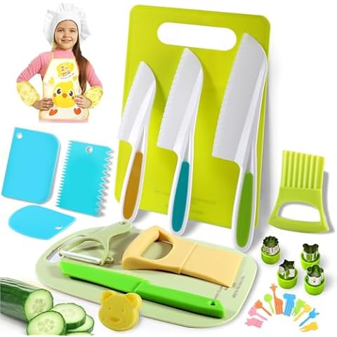31PCS Kids Knife Set for Real Cooking - Toddlers Montessori Kitchen Tools Stocking Stuffers Toys for Boys & Girls Age 4+ Year Old, Includes 1 Apron, 2 Cutting Boards, 3 Safe Knives Cover