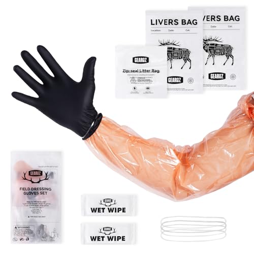 GearOZ Field Dressing Gloves Set for Deer Gutting Cleaning Disposable, 10 Set Hunting Field Games Processing Gloves Tool Kit, Full-Shoulder-Length & Wrist-Length Gloves Combo Pack, 20 Pairs