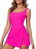 Aleumdr Women's One Piece Swimsuit Full Coverage Swimdress with Pockets Tummy Control Swimwear Skirted Bathing Suit Rose Red Large