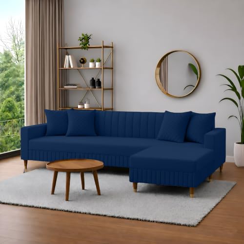 Image of AMATA Omega Solid Wood 4 Seater L Shape Royal Blue Suede Velvet Sofa Set with Four Cushions Perfect for Home Office Guests Living Room (03 Royal Blue, Omega L Shape 4 SSEATER)(03 Year Warranty)
