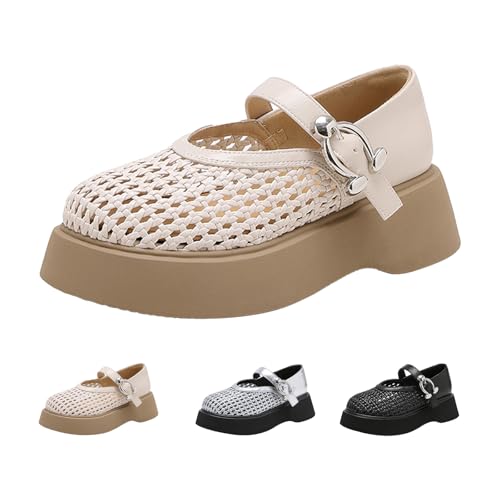 Women's Woven Platform Mary Jane Shoes,Summer Comfortable Breathable Round Toe Buckle Ankle Strap Dressy Casual Flats