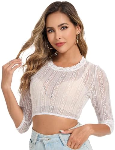 LUYANA Damen Spitze Dirndl Bluse für Bayrische Oktoberfest XS-3XL | Dirndl-Spitzenbluse, Rundhals, Crop Top, 3/4-Ärmel, Bierfest Dirndl Bluse, Deutsche Traditionelle Tracht, Weiß S