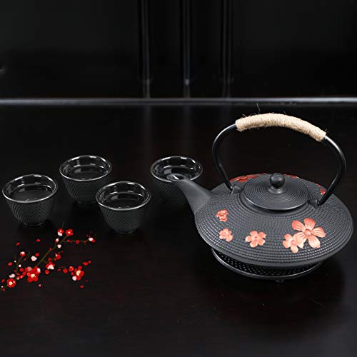 TOVACU Japanese Style Cast Iron Teapot with 4 Tea Cups Trivet Tetsubin StovetopTea Kettle with Infuser Chinese Iron Tea Pot Tea Set for Adults Black (Pear Flower Pattern)