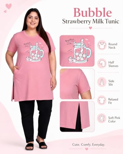 Image of In Love Women Cotton Regular Fit Plus Size Long-Line Chest Print T-Shirt with Pocket
