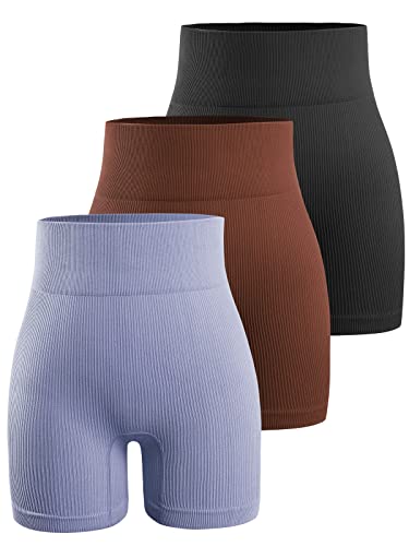 Womens 3 Piece Workout Shorts Yoga Seamless Ribbed High Waisted Spandex Booty Biker Shorts (Y8SP-B/Br/Purple S)