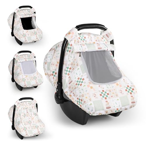 Image of SWESEN Car Seat Cover Baby, Summer Carseat Covers Baby Girl, Soft carseat Canopy Snug Fit Baby Stroller, Dual-Layer Protection, Cooling Mesh & Roll-Up Sun Shade, Elephant