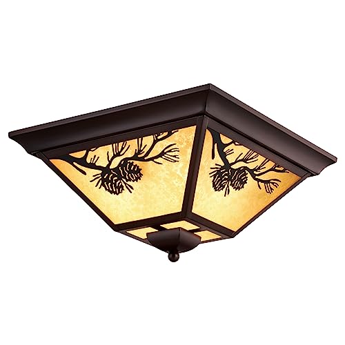 VAXCEL Douglas Warm Bronze Rustic Outdoor Flush Mount Ceiling Light Pine Cone Motif Amber Glass