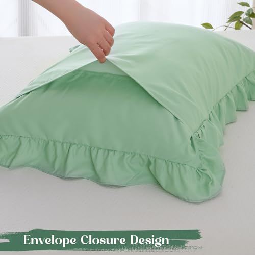 Image of Homiest 2-Pieces Ruffle Pillow Case & Fitted Sheet Set, Sage Green Twin Sheets with Ruffled Pillow Shams, 15 Inch Deep Pocket, Cute & Coquette Microfiber Bed Set for Decorating Bedroom Hotel