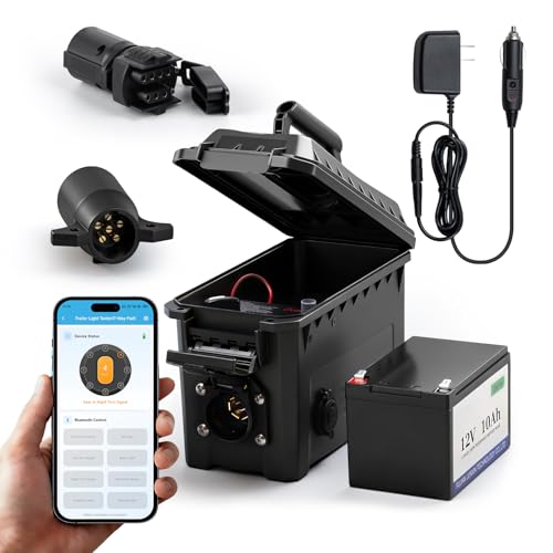 Trailer Light & Electric Brake Tester with 12V 10Ah Battery, Tests 7-Spade, 6-Round and 4/5-Flat Pin Type Trailer Harnesses, Bluetooth App Connection Remote Operation, IP68 Waterproof Case
