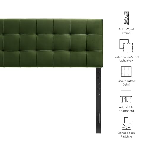 Image of Modway Lily Performance Velvet Queen Size Headboard with Biscuit Tufting in Moss Green - Stain-Resistant Upholstery with Padded Design and 5 Height-Adjustable Mounts