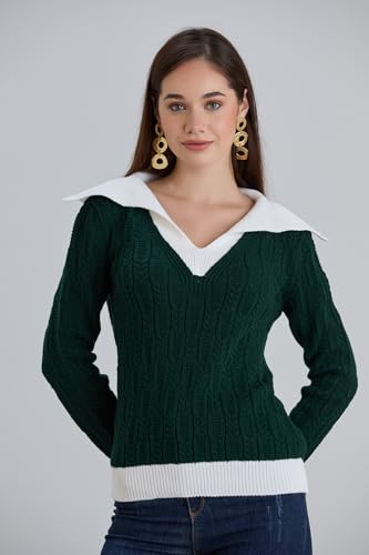 Image of Sweaters for Women Fashion Long Sleeve Lapel Collar V Neck Casual Knit Color Block Pullover Sweater