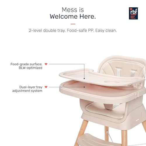Image of Growgether ORBIT 4-in-1 Baby High Chair with Solid Beechwood Legs | TUV SUD Certified Convertible Wooden Feeding Chair, Booster Seat & Toddler Stool (6-36M) | 5-Point Safety Harness, Dual-Layer PP Tray & Removable PU Cushion | 1 Year Warranty | Beige