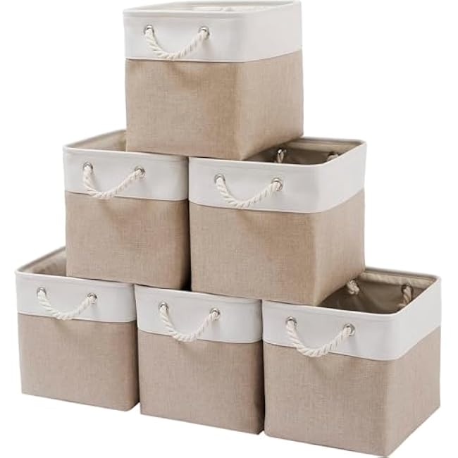 Mangata Canvas Storage Boxes, 9.8 Inch Cube Storage Bins Set of 6 for 10 Inch Cabinets, Fabric Baskets with Cotton Rope Handle for Organizing Clothes Nursery Home (Khaki/White)