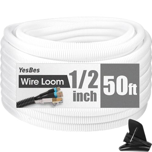 50 FT Wire Loom 1/2 Inch Split Wire Loom Tubing Wire Conduit with Installation Tool Flexible Wire Protector Tubing White