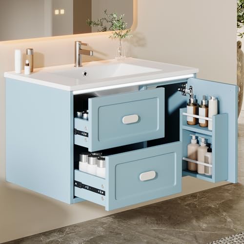 Merax Armoire de salle de bain avec lavabo - Entièrement laquée - Capteur radar LED - Deux tiroirs silencieux - Accent de couleur pour salle de bain -...