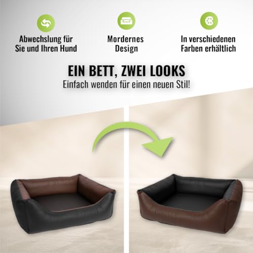 CopcoPet Hundebett mittelgroße Hunde – Waschbares Hundekissen 【Wendebett】 Hundekorb aus Kunstleder - Formstabiles Hundesofa - Hundekörbchen mit erhöhten Rand, Dog Bed Schwarz/Braun 90 x 70 cm