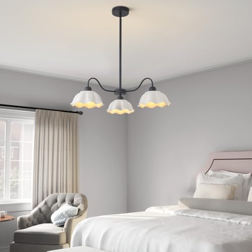 Image of 3 Light Mid Century Chandelier Fixture with White Ceramic Shade Contemporary Black Ceiling Pendant Light Semi Flush Mount Chandelier for Kitchens Living Room