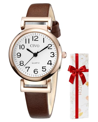 CIVO Damenuhr Braun Analog Quarz Wasserdicht Armbanduhr für Frauen Leder Minimalistische Klassisch Elegante Lässig Kleid Geschenke Uhren fur Damen Frauen