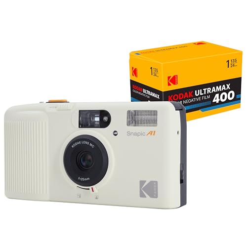 KODAK Snapic A1 35mm Film Camera 35mm, Reusable, 2-Zone Focus, Lightweight, Compact (Ivory White) Bundle with Kodak Ultramax 400/24EXP 35mm Roll Film
