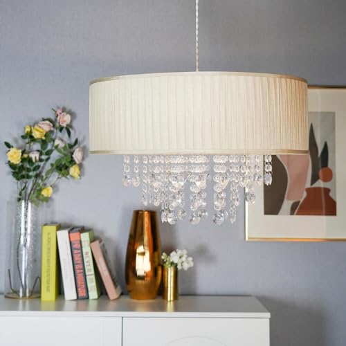 wilko Sophia XL Pendant Light - Jewel Droplet Shade, Living Room, Neutral and Clear, Pleated Design, Modern Elegant, 60 x 60 x 172cm