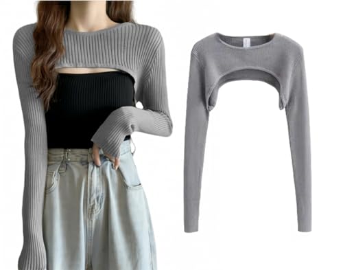 SamHeng Women Crop Top Long Sleeve Round Neck Half Shirt Cover Up Shirt Top Slim Fit Mesh Top for Swim Beach Party Clubwear Rave Outfits, Grey