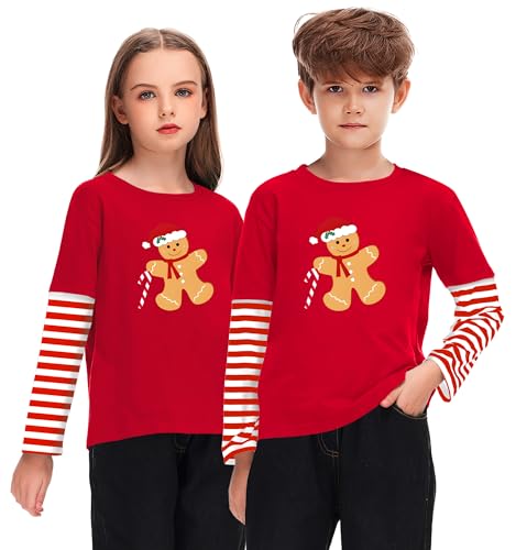 Image of Remimi Unisex Kids Christmas Long Sleeve Shirt Xmas Print Stripe Shirts 2-12 Years