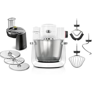 Bosch Küchenmaschine Serie 6, 7 Geschwindigkeitsstufen, 5,5l Schüssel, Durchlaufschnitzler, 3 Scheiben, Knethaken, Rührbesen, Silikonbesen, spülmaschinenfest, 1.600 W, silber/weiß, MUMS6EW13D