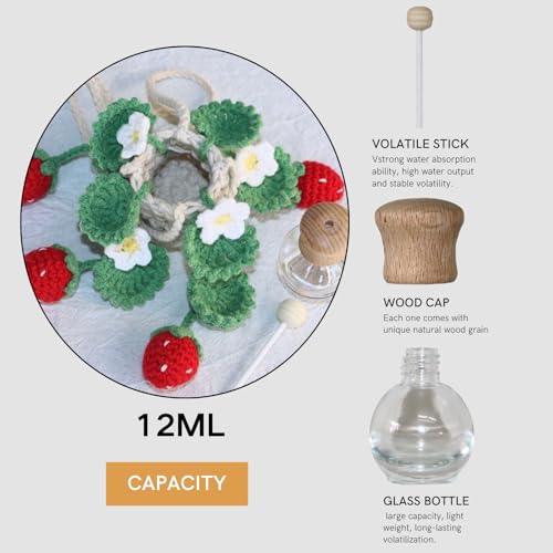 Image of ROFIGL Handmade Crochet Hanging Car Air Freshener - Cute Strawberry Plant Design, 12ml Refillable Thick Glass Bottle, Car Diffuser for Rearview Mirror, Home & Office Decor