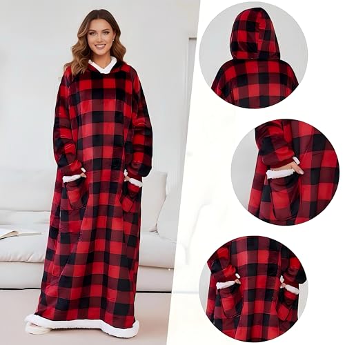 Nvatorfox 5FT Oversized Wearable Blanket Hoodie Flannel Sherpa Fleece Warm Cozy Christmas Wrap Throw Gifts for Adult (Black Red) - image 4