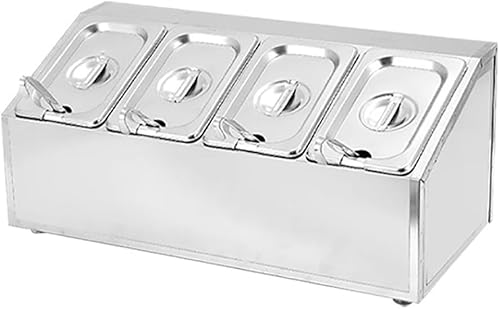 Contenedor de exhibición de alimentos para encimera de 12 x 1.6 L, dispensador de condimentos de acero inoxidable con tapa y cuchara, bandeja de