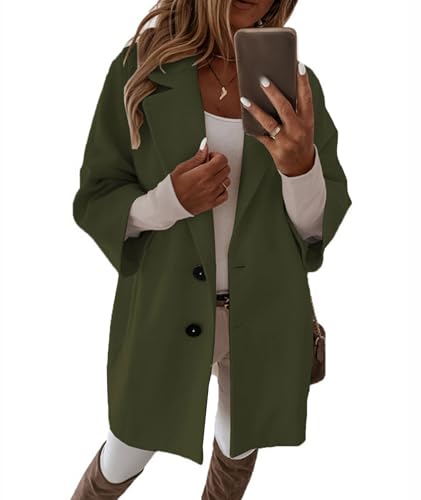 ECDAHICC Womens Fall Winter Wool Blend Pea Coat 3/4 Sleeve Notched Lapel Colla Single-Breasted Midi Outerwear