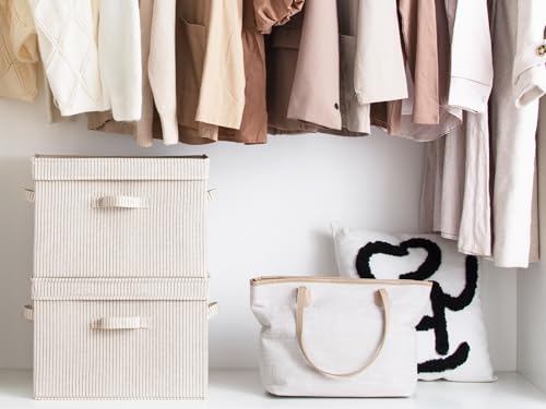Image of StorageWorks Fabric Storage Bins with Lid, Decorative Storage Boxes for Shelves, Stackable Closet Organizer Basket with Handles, Jumbo, Khaki and Beige Stripes, 2-Pack