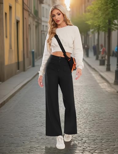 Desol Hosen Damen Stoffhose Weites Bein, Hoher Taille Sommerhose Damen Leitch Anzughose,Dehnbare Palazzo Hose mit Mehreren Taschen