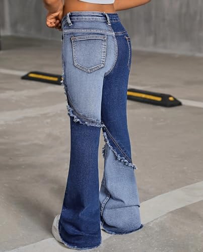 Teen Girls High Waist Patchwork Flare Jeans Stretchy Raw Edge Bell Bottom Denim Pants for Ages 7-113