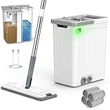 LyriFineモップとバケツセット 電動ポンプ付き 3ゾーン分離汚水と清水 フラットモップとバケツシステム 絞り器とホイール付き 再利用可能なマイクロファイバーパッド4枚 ワンタッチ給水で家庭掃除