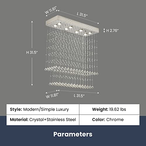 Moooni Modern Rectangular Raindrop Crystal Chandelier 8 Light Ceiling Lighting Fixture Pendant Flush Mount Rectangle Chandeliers For Dining Rooms Kitchen Island, Chrome, L 31.5" X W 12" X H 31.5" #TOP4