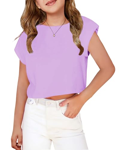 Image of Arshiner Girls Shirt Crop Tops Short Sleeve Summer Drop Shoulder Batwing Sleeve Crewneck Loose T Shirt Tee