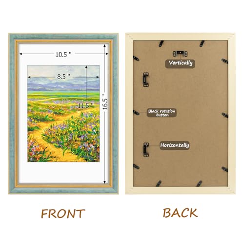 Image of Golden State Art,11x17 Ornate Picture Frame Holds 9x12 Photo,Blue Gold | Includes real glass front,white mat,build-in hangers and buttons.Displays 9x12 photo on wall