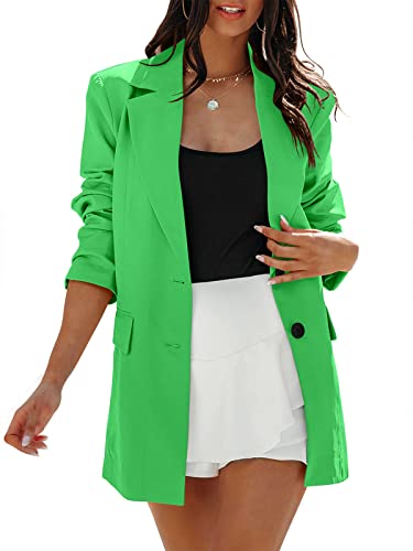 Anrabess Women's Casual Button Long Sleeve Lapel Open Front Pad Shoulder Oversized Office Blazer Jacket Work Suit 638Lvse-S Green #TOP23