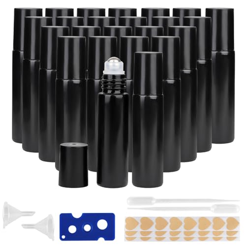 10ML Glass Essential Oil Roller Bottles,24 Pack black Oil Roller Bottles for Essential Oils, refillable rollerball bottle(24 Labels, Opener, Funnel, Dropper Included)
